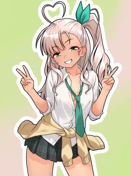 Rule 34 | 1girl, absurdres, ahoge, black skirt, blonde hair, bow, cardigan, cardigan around waist, clothes around waist, collarbone, collared shirt, commentary request, double v, furaggu (frag 0416), green bow, green eyes, green necktie, grin, gyaru, hair bow, heart, heart ahoge, highres, kantai collection, kashi (kancolle), long hair, looking at viewer, loose necktie, miniskirt, mole, mole under eye, necktie, no bra, pleated skirt, school uniform, shirt, skirt, sleeves rolled up, smile, solo, standing, thighs, v, variant set, white shirt, yellow cardigan
