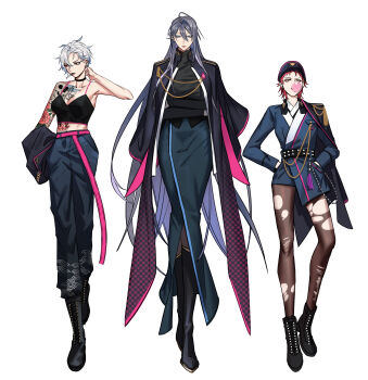 3girls absurdres aiguillette alternate_costume aohitsugi_samatoki arm_tattoo arms_under_breasts asymmetrical_sidelocks belt black_belt black_cape black_choker black_coat black_footwear black_hat black_shirt blowing_bubble_gum blowing_bubbles blue_eyes blue_jacket blue_pants blue_shorts blue_skirt boots breasts cape chest_tattoo chewing_gum choker cigarette cleavage closed_mouth coat coat_on_shoulders cowlick crop_top crossed_arms ear_piercing earrings epaulettes expressionless eyeliner fishfall flower_tattoo full_body genderswap genderswap_(mtf) hair_between_eyes hands_in_pockets harai_kuko hat highres holding holding_jacket holding_unworn_clothes hypnosis_mic jacket jewelry jinguji_jakurai korean_commentary lace-up_boots large_breasts long_bangs long_belt long_hair long_skirt long_sleeves looking_at_viewer makeup mature_female midriff multiple_girls pants pantyhose patterned_clothing pencil_skirt piercing pink_belt pink_eyeliner purple_hair red_eyes red_hair scowl seigaiha shirt short_bangs short_hair short_shorts shorts side_cape side_part sidelocks simple_background single_epaulette skirt skull_tattoo smoking spaghetti_strap tassel tattoo torn_clothes torn_pantyhose turtleneck uneven_eyes unworn_jacket v-shaped_eyebrows very_long_hair white_background white_hair wrinkled_skin yellow_eyes