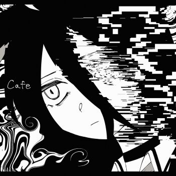 Rule 34 | 1girl, animal ears, character name, choker, closed mouth, collared shirt, commentary, distortion, frown, glitch, greyscale, hair between eyes, highres, horse ears, horse girl, long hair between eyes, manhattan cafe (umamusume), mokkedon, monochrome, multicolored hair, shirt, solo, umamusume