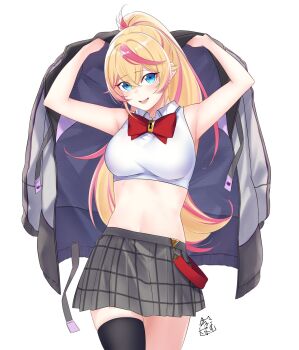 1girl :d akira_miku_ver armpits arms_up bare_arms bare_shoulders black_skirt blonde_hair blue_eyes blush bow bowtie breasts collared_shirt commentary cowboy_shot cropped_shirt double-parted_bangs eyes_visible_through_hair grey_jacket hair_between_eyes hashtag-only_commentary high-waist_skirt high_ponytail highres holding holding_jacket holding_unworn_clothes jacket keyhole large_breasts long_hair looking_at_viewer lower_teeth_only miniskirt multicolored_hair navel open_mouth original pink_hair pleated_skirt ponytail red_bow red_bowtie senri_(akira_miku_ver) shirt signature simple_background single_thighhigh skirt sleeveless sleeveless_shirt smile solo star-shaped_pupils star_(symbol) stomach stomach_day streaked_hair symbol-shaped_pupils teeth thighhighs unworn_jacket white_background white_shirt windbreaker