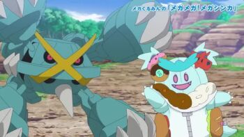 1girl 1other animated audible_speech carrying carrying_person claws day explosion explosion_(pokemon) japanese_audio mega_metagross mega_pokemon metagross nidothing outdoors pokemon pokemon_(anime) pokemon_(creature) pokemon_horizons pokemon_move red_eyes sky smile tagme talking video what