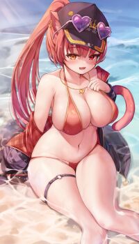 1girl absurdres animal_ears bikini black_headwear breasts cat_ears cat_tail deaver frilled_thigh_strap heart heart_necklace heterochromia highres hololive houshou_marine houshou_marine_(summer) jewelry kemonomimi_mode large_breasts looking_at_viewer navel necklace o-ring o-ring_thigh_strap ponytail red_bikini red_eyes red_hair sitting solo swimsuit tail thigh_strap virtual_youtuber wet yellow_eyes