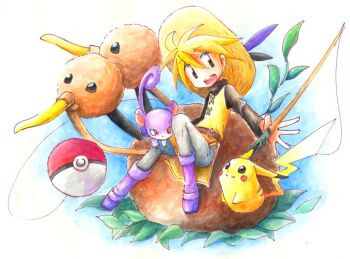 1girl :d blonde_hair blush brown_eyes creature doduo fishing_rod full_body gen_1_pokemon hat leaf nintendo open_mouth pika_(pokemon) pikachu plant pointy_ears poke_ball pokemon pokemon_(creature) pokemon_adventures ponytail rattata sitting smile tabard teeth yellow_(pokemon)