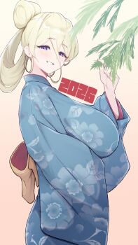 1girl 2026 aqua_kimono arm_under_breasts back_bow blonde_hair blue_eyes blush bow breasts commentary_request double-parted_bangs floral_print foxallium hair_between_eyes hair_bun hair_rings highres holding holding_leaf japanese_clothes kimono large_breasts leaf long_hair_between_eyes looking_at_viewer looking_to_the_side original single_hair_bun smile solo yellow_bow