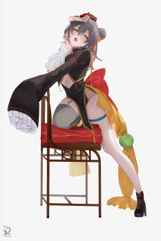 1girl absurdres alternate_costume alternate_hairstyle black_shoes brown_shrug chair commentary_request grey_hair hat high_heels highres honkai:_star_rail honkai_(series) jiangshi jiangshi_costume long_hair ofuda ofuda_on_head on_chair open_mouth pelvic_curtain qingdai_guanmao revealing_clothes sazanami_(re_n_rentaro) shoes shrug_(clothing) simple_background single_thighhigh sleeves_past_fingers sleeves_past_wrists solo stelle_(honkai:_star_rail) thighhighs thighs trailblazer_(honkai:_star_rail) white_background yellow_eyes