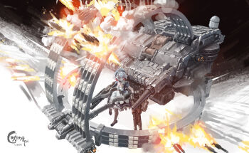 1girl absurdres apron armored_core artist_name balteus_(armored_core_vi) black_pantyhose black_shoes blue_dress blue_eyes boots braid cannon chigalidepoi dated dress energy_cannon explosion firing frilled_apron frilled_dress frills full_body gatling_gun gears grey_hair gun highres holding holding_weapon huge_weapon machine machinery maid maid_apron maid_headdress mecha missile missile_pod multiple_weapons pantyhose puffy_short_sleeves puffy_sleeves red_eyes ribbon robot rocket_launcher science_fiction shoes short_hair short_sleeves signature smoke solo spacecraft thrusters twin_braids waist_apron weapon white_apron wide_shot