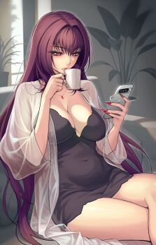 1girl absurdres black_camisole blush breasts camisole cellphone coffee_mug commentary_request cup fate/grand_order fate_(series) highres jewelry large_breasts long_hair long_sleeves mug necklace nightgown pendant phone purple_hair red_eyes rioliogiz scathach_(fate) sitting solo thighs white_nightgown