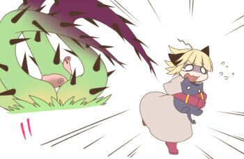 Rule 34 | 1girl, acolyte (ragnarok online), ahoge, animal ears, blonde hair, blunt bangs, brown capelet, brown skirt, capelet, cat ears, cat girl, commentary request, creature, deviruchi, fleeing, full body, giving up the ghost, gloves, grass, holding, holding creature, iyofika, long sleeves, lowres, open mouth, plant, poring, ragnarok online, ragnarok origin, red gloves, red shirt, scared, shirt, short hair, simple background, skirt, slime (creature), solo, thorns, vines, white background