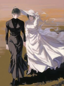 Rule 34 | 2girls, absurdres, bh20647, black dress, burn scar, dress, frilled dress, frills, full body, hand on headwear, hat, highres, holding hands, jewelry, jujutsu kaisen, light frown, long sleeves, looking at another, multiple girls, multiple scars, necklace, one eye closed, parted lips, sad, scar, scar across eye, scar on face, scar on hand, siblings, sisters, sun hat, tears, twins, white dress, white hat, wind, zen'in mai, zen'in maki