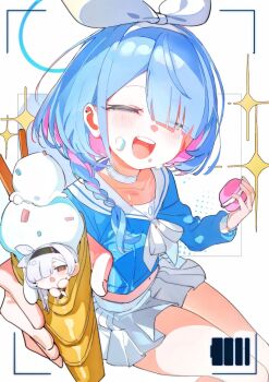 2girls arona_(blue_archive) blue_archive blue_hair bow bowtie braid chibi chinese_commentary closed_eyes collar collarbone colored_inner_hair commentary_request food food_on_face green_eyes hair_over_one_eye hair_over_shoulder hairband holding ice_cream_cone incoming_food long_sleeves macaron multicolored_hair multiple_girls navel open_mouth pink_hair plana_(blue_archive) pleated_skirt poxiao_buff puffy_sleeves school_uniform serafuku side_braid simple_background sitting skirt smile star_(symbol) teeth upper_teeth_only white_background white_hair white_skirt