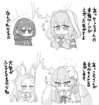 4girls :o animal_ear_fluff animal_ears atsuko_(blue_archive) blue_archive blush_stickers braid chibi cropped_torso crown_braid detached_sleeves drawstring dress feathered_wings flower forehead fox_ears greyscale hair_flower hair_ornament hair_over_shoulder halo hood hood_down hood_up hoodie jitome long_hair low_twintails miranofuudoria misaki_(blue_archive) monochrome multiple_girls nagisa_(blue_archive) parted_bangs parted_lips seia_(blue_archive) simple_background sleeveless sleeveless_dress small_sweatdrop sweat translated twintails upper_body very_long_hair white_background wings