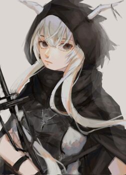 1girl arknights expressionless highres hood hood_up horns looking_at_viewer nate71762013 shining_(arknights) simple_background solo upper_body