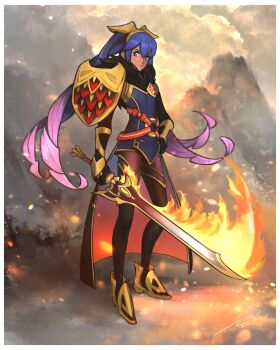 armor artist_name cape emblem fire fire_emblem fire_emblem_awakening flaming_sword flaming_weapon gold highres holding holding_sword holding_weapon long_hair lucina_(fire_emblem) multicolored_hair nintendo red_cape shoulder_armor shutwig standing streaked_hair sword volcano weapon