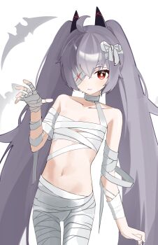 1girl absurdres ahoge bandage_over_one_eye bandaged_arm bandaged_hand bandaged_head bandaged_leg bandaged_torso bandaged_waist bandages bare_shoulders chest_sarashi djmax djmax_respect eyepatch fail_(djmax) flat_chest grey_hair hair_between_eyes hair_ornament hair_ribbon highres loli long_hair looking_at_viewer masiiiiiiro naked_bandage navel red_eyes ribbon sarashi simple_background solo twintails very_long_hair white_background