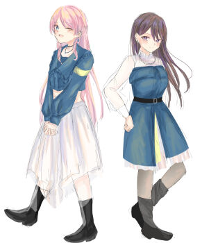2girls absurdres bang_dream! bang_dream!_it&#039;s_mygo!!!!! belt black_belt black_boots black_choker blue_dress blue_jacket boots chihaya_anon choker closed_mouth commentary cropped_jacket dress earrings fang full_body grey_eyes grey_pantyhose hand_on_own_hip highres jacket jewelry latte_bf long_hair looking_at_viewer midriff multiple_girls neck one-eyed pantyhose pink_hair purple_eyes shiina_taki simple_background skin_fang skirt white_background white_skirt
