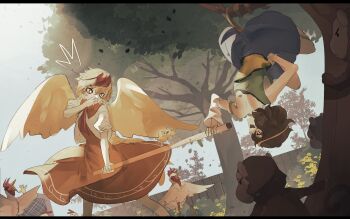 2girls bird bird_girl bird_wings blonde_hair brown_hair chicken dutch_angle highres monkey monkey_girl monkey_tail multiple_girls naufaldreamer niwatari_kutaka son_biten tail touhou wings