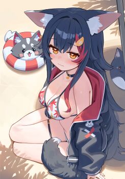 1girl absurdres animal_ear_fluff animal_ears beach bikini black_choker black_hair black_jacket breasts choker cleavage closed_mouth commentary_request day deaver double-parted_bangs flipped_hair front-tie_bikini_top front-tie_top hair_between_eyes hair_ornament hairclip highres hololive hood hooded_jacket jacket jacket_over_swimsuit large_breasts leaf_print long_hair looking_at_viewer miofa_(ookami_mio) multicolored_hair off_shoulder official_alternate_costume ookami_mio ookami_mio_(hololive_summer_2019) outdoors print_bikini red_hair sidelocks sitting solo spiked_hair streaked_hair swimsuit tail tail_around_own_leg two-sided_fabric two-sided_jacket very_long_hair virtual_youtuber wavy_mouth white_bikini wolf_ears wolf_girl wolf_tail yellow_eyes yokozuwari