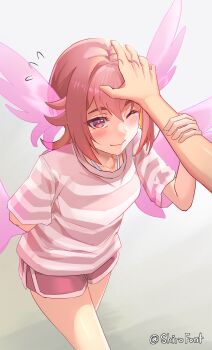 1girl 1other absurdres arm_behind_back baan:_the_boundary_of_adulthood blush closed_mouth grabbing_another&#039;s_arm grey_background hair_between_eyes head_wings headpat highres leaning_forward long_hair pink_eyes pink_hair pink_shirt pink_shorts pink_wings rinrada_ratchamanee shiro_font shirt short_sleeves shorts simple_background smile solo_focus standing wings