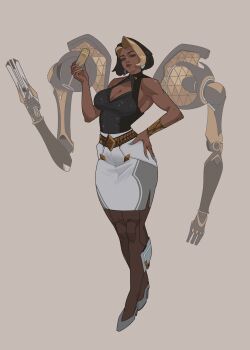 Rule 34 | 1girl, absurdres, agngabryel, blonde streaks, breast cutout, brown lips, cleavage cutout, clothing cutout, commentary, dark-skinned female, dark skin, domina (overwatch), formal clothes, gold bracer, highres, overwatch, single bracer, solo