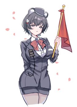 1girl absurdres animal_ears black_hat blue_archive bow bowtie breasts extra_ears flag garrison_cap hat highres holding holding_flag large_breasts official_alternate_costume pencil_skirt raccoon_ears raccoon_girl red_bow red_bowtie red_flag shinonome_karen skirt tour_guide tsubaki_(blue_archive) tsubaki_(guide)_(blue_archive)