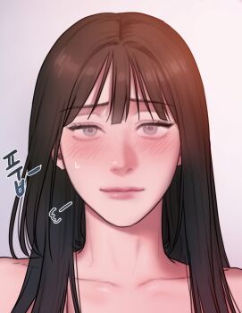Rule 34 | 1girl, bad thinking diary, black hair, blush, commentary request, grey eyes, happy, highres, kang yuna (bad thinking diary), long hair, nude, rangrarii, simple background, solo, sweat