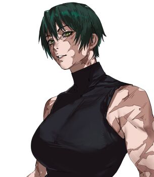 1girl bare_shoulders breasts burn_scar commentary_request green_eyes green_hair highres jujutsu_kaisen large_breasts looking_to_the_side multiple_scars muscular muscular_female parted_lips scar scar_on_arm scar_on_face scars_all_over shirt short_hair simple_background sleeveless sleeveless_shirt solo taiyang_yu too_many turtleneck turtleneck_shirt upper_body white_background zen'in_maki