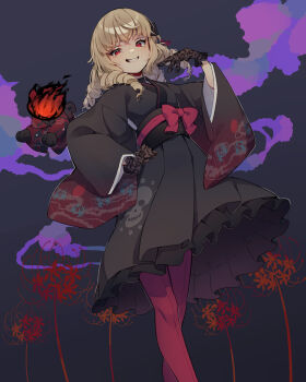 1girl absurdres black_kimono blonde_hair blonde_ojousama_(sagix) commentary_request commission drill_hair familiar gloves highres japanese_clothes kimono lace lace_gloves long_hair looking_at_viewer ojou-sama_pose original pantyhose red_eyes red_pantyhose shifumame skeb_commission smile solo stuffed_animal stuffed_toy teddy_bear yukata