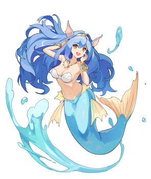 1girl absurdres blue_hair breasts brown_eyes character_request commentary_request copyright_request fins full_body head_fins highres jewelry large_breasts long_hair mermaid monster_girl necklace open_mouth simple_background solo teeth upper_teeth_only white_background yangsongihand