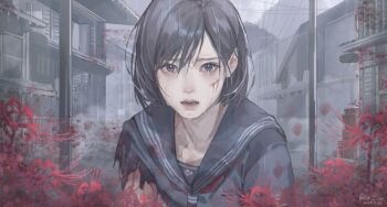1girl artist_name black_hair bleeding blood blood_on_face dated flower noki_ice rain school_uniform serafuku shimizu_hinako silent_hill_(series) silent_hill_f spider_lily tears torn_clothes