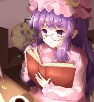 Rule 34 | 1girl, bespectacled, book, bow, commentary request, crescent, crescent hat ornament, cup, dress, glasses, globe, hair bow, hat, hat bow, hat ornament, holding, holding book, long hair, long sleeves, mob cap, mumu-crown, patchouli knowledge, pink dress, pink hat, purple eyes, quill, reading, red bow, round eyewear, solo, teacup, touhou