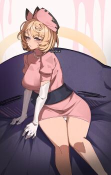 1girl alternate_costume artist_name blonde_hair blush breasts commentary cowboy_shot dress english_commentary gloves half-closed_eyes hat highres jewelry knees_together_feet_apart large_breasts looking_at_viewer mole mole_under_mouth necklace no_tail no_tentacles o3o on_bed panties pearl_necklace pink_background pink_dress pink_hat purple_eyes short_hair sitting solo two-tone_background underwear white_background white_gloves white_panties wokiiarts yidhari_murphy zenless_zone_zero