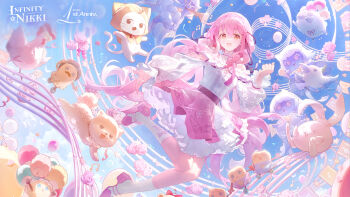 1girl ahoge ambird_(infinity_nikki) animal anniversary arm_cutout artist_request balloon belt bird black_belt black_bow black_ribbon blue_sky bow bow_choker bow_legwear bowtie bra_strap brown_eyes bubble buttons cat center_frills chicken choker clenched_hand cloak clothed_animal clothing_cutout cloud commentary confetti copyright_logo cross-laced_clothes cross-laced_legwear day dog dot_nose ear_covers english_commentary eyelashes faewish_sprite feathers floating floating_clothes floof_(infinity_nikki) flower frilled_shirt frilled_skirt frilled_sleeves frills full_body hair_between_eyes hair_bow hair_ribbon hexagram high_heels highres hood hood_up hooded_cloak infinity_nikki jewelry kneehighs layered_skirt light_particles logo long_hair long_sidelocks long_sleeves looking_at_viewer low_twintails miniskirt momo_(nikki) musical_staff necklace nikki_(nikki) nikki_(series) off-shoulder_shirt off_shoulder official_art open_mouth outdoors outstretched_hand perfect_start_(infinity_nikki) piecey pink_bow pink_bowtie pink_choker pink_flower pink_hair pink_rose pink_shoes pink_skirt pleated_skirt print_skirt print_sleeves puffy_long_sleeves puffy_sleeves pumps rabbit red_bow red_bowtie ribbon rose second-party_source see-through_clothes see-through_sleeves sheep shirt shoes sidelocks single_stripe skirt sky smile snowflake_print snowflakes socks star_(symbol) star_necklace string_of_flags striped_choker tareme traditional_bowtie tress_ribbon twintails very_long_hair wavy_hair whiskers white_cat white_shirt white_skirt white_socks yellow_cloak