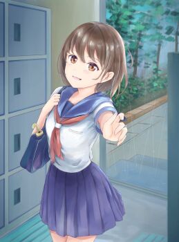 1girl bag blue_bag blue_sailor_collar blue_skirt breasts brown_eyes brown_hair choppy_bangs commentary_request cowboy_shot hands_up highres kototomari looking_at_viewer miniskirt open_mouth original reaching reaching_towards_viewer sailor_collar school_bag shirt short_hair short_sleeves skirt small_breasts smile solo white_shirt