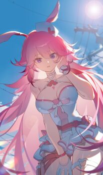 1girl absurdres animal_ears bare_shoulders bikini blue_sky breasts chinese_commentary cleavage commentary_request cy_fei fox_ears fox_girl from_below hat highres honkai_(series) honkai_impact_3rd large_breasts long_hair looking_at_viewer nurse_cap official_alternate_costume pink_hair purple_eyes sky solo swimsuit thighs very_long_hair white_bikini yae_sakura yae_sakura_(gyakushinn_miko) yae_sakura_(summer_sakura)