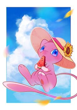 blue_eyes blue_sky border clothed_pokemon cloud commentary eating falling_petals floating flower food food_in_mouth fruit gen_1_pokemon hat hat_flower highres holding holding_food holding_fruit holding_watermelon legendary_pokemon looking_at_viewer mew_(pokemon) mythical_pokemon nintendo no_humans outside_border p3p3_p petals pokemon pokemon_(creature) sky solo straw_hat summer sun_hat sunflower tail watermelon watermelon_slice white_border yellow_flower yellow_petals