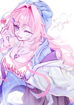 Rule 34 | 1girl, ;), aqua hair, black skirt, blue hat, blue jacket, breasts, candy, character name, crop top, cyrene (honkai: star rail), cyrene (nylon japan) (honkai: star rail), cyrene (ripples of past reverie) (honkai: star rail), food, gradient hair, hashtag-only commentary, hat, heart, heart necklace, highres, holding, holding candy, holding food, holding lollipop, honkai: star rail, honkai (series), jacket, jewelry, large breasts, lollipop, long hair, looking at viewer, multicolored hair, necklace, one eye closed, pink hair, pointy ears, purple eyes, rael7phj3v94056, simple background, skirt, smile, solo, two-tone hair, very long hair, white background