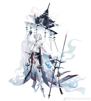 1boy absurdres ahoge anklet arm_tattoo bare_shoulders belt black_cape black_gloves blue_eyes blue_fire blue_nails bob_cut bracelet cape capri_pants chain chain_around_arm chinese_commentary closed_mouth cloud_hair detached_sleeves dissolving expressionless facial_mark fire floating_hat flower_ornament full_body furisode_sleeves geta gloves hair_ornament half_gloves hand_up hat highres incense incense_burner jewelry jinkougyou_(onmyoji) light_smile long_sleeves looking_at_viewer male_focus molatoliamu nail_polish official_art onmyoji pale_skin pants parted_bangs pelvic_curtain pendant pouch red_sash sandals sash shirt short_hair sidelocks simple_background sleeveless sleeveless_shirt smoke solo staff standing tabard tassel tattoo tengu-geta themed_object toenail_polish toenails two-sided_cape two-sided_fabric watermark weibo_watermark white_background white_cape white_hair white_pants white_sandals white_shirt white_tabard wide_sleeves