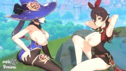 2girls 3d alternate_breast_size amber_(genshin_impact) animated armpits ass ass_grab blue_eyes breasts breasts_out brown_hair cityscape genshin_impact goggles grabbing_own_breast grass hair_between_eyes hair_tubes hairband hat highres jewelry jiggle large_breasts laughing leggings long_hair looking_at_viewer looping_animation magical_girl mona_(genshin_impact) multiple_girls music neko9mimi outdoors purple_hair shorts smile sound squeezing swimsuit tagme thighhighs tongue tongue_out topless_female twintails video yellow_eyes