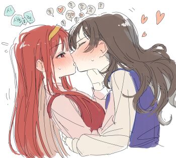 2girls blush brown_hair closed_eyes from_side hairband hano9789 heart highres idolmaster idolmaster_million_live! kiss kitazawa_shiho korean_text long_hair long_sleeves multiple_girls profile red_eyes red_hair shirt simple_background sweatdrop tanaka_kotoha translation_request vest white_background yellow_hairband yuri