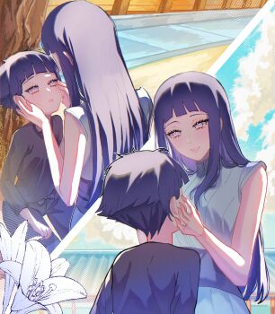 2girls absurdres bare_shoulders black_hair black_shirt breasts dual_persona eyelashes hashtag-only_commentary highres hyuuga_hinata jacket large_breasts long_hair looking_at_another multiple_girls naruto:_the_last naruto_(classic) naruto_(series) purple_eyes purple_jacket shirt short_hair time_paradox zimo_on