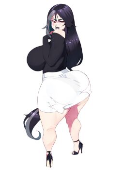 1girl 2020 ass black_hair black_lips black_shirt breasts commentary commission curvy disembodied_hand english_commentary face_piercing from_behind goth_fashion grabbing_own_ass grin groping hand_on_chin high_heels huge_ass illboxart large_areolae large_breasts long_hair looking_back multicolored_hair naughty_face nose_piercing original pencil_skirt piercing red_eyes shirt skirt smile solo standing thick_thighs thighs transparent_background very_long_hair white_background white_skirt wide_hips