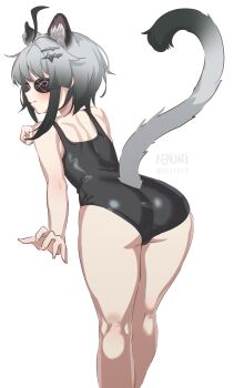 Rule 34 | 1girl, absurdres, animal ear fluff, animal ears, arknights, arknights: endfield, ass, bare arms, bare legs, bent over, black one-piece swimsuit, commentary, extra ears, eyepatch, from behind, gradient hair, grey hair, highres, multicolored hair, n3moni, one-piece swimsuit, short hair, solo, swimsuit, tail, tangtang (arknights), tiger ears, tiger girl, tiger tail