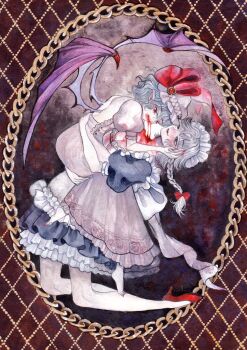 2girls apron backless_dress backless_outfit barefoot bat_wings biting blood border bow braid carrying commentary dress fingernails frilled_dress frilled_sleeves frills gem grey_hair hat izayoi_sakuya kneeling leaning_back maid maid_apron maid_headdress mob_cap multiple_girls ornate_border painting_(medium) pointy_ears princess_carry puffy_short_sleeves puffy_sleeves red_bow red_eyes red_nails red_shoes remilia_scarlet sharp_fingernails shoes short_sleeves smile surume_(surumemodoki) touhou traditional_media twin_braids vampire waist_apron watercolor_(medium) wings yuri