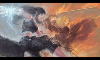 1boy 1girl absurdres apron arm_ribbon armpits bare_shoulders black_apron black_gloves black_hair black_pants black_shirt black_shorts black_sleeves black_vest blonde_hair blue_eyes breasts cloud_strife commentary commission crop_top cryokinesis detached_sleeves english_commentary feet_out_of_frame fighting_stance final_fantasy final_fantasy_vii final_fantasy_vii:_advent_children fire floating_hair fusion_swords glint gloves glowing glowing_eyes highres holding holding_sword holding_weapon huge_weapon ice large_breasts lips long_hair midriff navel orange_eyes pants patreon_username pyrokinesis red_ribbon ribbon shirt short_hair shorts single_detached_sleeve single_shoulder_pad single_sidelock spiked_hair sword tank_top tifa_lockhart twitter_username vest waist_apron weapon white_tank_top zoewingsz