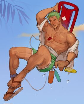 Rule 34 | 1boy, abs, alternate costume, armpit hair, armpits, bara, bare pectorals, blue background, bracelet, earrings, enri (ceinordraws), green hair, green swim trunks, highres, holding, holding surfboard, jewelry, leash, lifeguard, looking to the side, male focus, male swimwear, midriff sarashi, muscular, muscular male, nipples, one piece, open clothes, open mouth, open shirt, pectorals, roronoa zoro, sandals, sarashi, scar, scar on chest, scar on leg, shirt, shirt partially removed, short hair, sideburns, single earring, solo, surfboard, sweat, swim trunks, torpedo buoy, water drop, whistle, whistle around neck, white shirt
