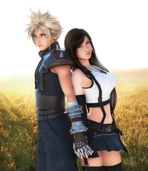 1boy 1girl 3d armor artist_request back-to-back bare_shoulders black_hair black_thighhighs blonde_hair blue_eyes breasts cloud_strife couple cowboy_shot crop_top detached_sleeves dress earrings field final_fantasy final_fantasy_vii final_fantasy_vii_remake fingerless_gloves flower flower_field gloves highres holding_hands jewelry large_breasts long_hair midriff navel raidenwgt red_eyes red_lips shoulder_armor sleeveless sleeveless_dress sleeveless_turtleneck spiked_hair square_enix sweater tank_top thighhighs tifa_lockhart turtleneck turtleneck_sweater white_tank_top zettai_ryouiki