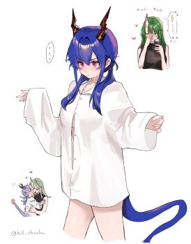 !? ... 2girls absurdres arknights black_shirt blue_hair blush breasts button_gap cellphone ch'en_(arknights) closed_mouth collared_shirt commentary_request covering_face cowboy_shot cropped_torso dragon_girl dragon_horns dragon_tail dress_shirt green_hair hair_between_eyes hands_up heart highres hill_chuchu holding holding_phone horns hoshiguma_(arknights) hug large_breasts long_hair long_sleeves low_twintails multiple_girls naked_shirt no_bra no_pants nose_blush oni open_mouth oversized_clothes oversized_shirt partially_unbuttoned phone red_eyes shirt sidelocks simple_background single_horn skin-covered_horns sleeveless sleeveless_shirt smartphone speech_bubble spoken_ellipsis standing tail taking_picture tearing_up thought_bubble translation_request turtleneck turtleneck_shirt twintails twitter_username v-shaped_eyebrows white_background white_shirt