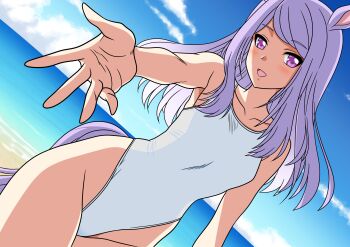 1girl animal_ears bare_shoulders beach blue_sky blush breasts cloud collarbone commentary_request highres horse_ears horse_girl horse_tail long_hair looking_at_viewer mejiro_mcqueen_(umamusume) ocean one-piece_swimsuit open_mouth outdoors purple_eyes purple_hair sky small_breasts smile solo swimsuit tail umamusume water white_one-piece_swimsuit yuuyuu_(3jjbn)