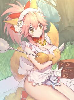 1girl :o absurdres animal animal_ears apron bell blush bow breasts fate/grand_order fate_(series) forest fou_(fate) gloves grass highres ladle large_breasts looking_down mogullaz naked_apron nature neck_bell on_lap picnic pink_hair red_bow sitting skindentation solo tail tamamo_(fate) tamamo_cat_(fate) tamamo_cat_(third_ascension)_(fate) thighs yellow_eyes