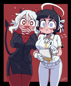 2girls azazel_(helltaker) black_hair blue_eyes blunt_bangs blush breasts commentary demon_girl demon_horns demon_tail eyebrows_hidden_by_hair full-face_blush galois gloves hairband halo heart heart-shaped_pupils helltaker highres holding holding_notepad holding_pen horns large_breasts leaning_forward medium_breasts modeus_(helltaker) multiple_girls notepad open_mouth pants pantyhose pen pencil_skirt raised_inner_eyebrows red_pantyhose red_sweater short_hair signature skirt sleeves_past_wrists sweat sweater symbol-shaped_pupils tail v-shaped_eyebrows wavy_mouth white_gloves white_hair white_hairband white_halo white_pants writing